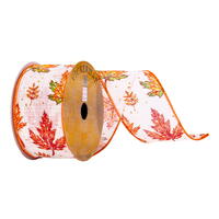 2.5"x10yd White Fall Leaves Ribbon